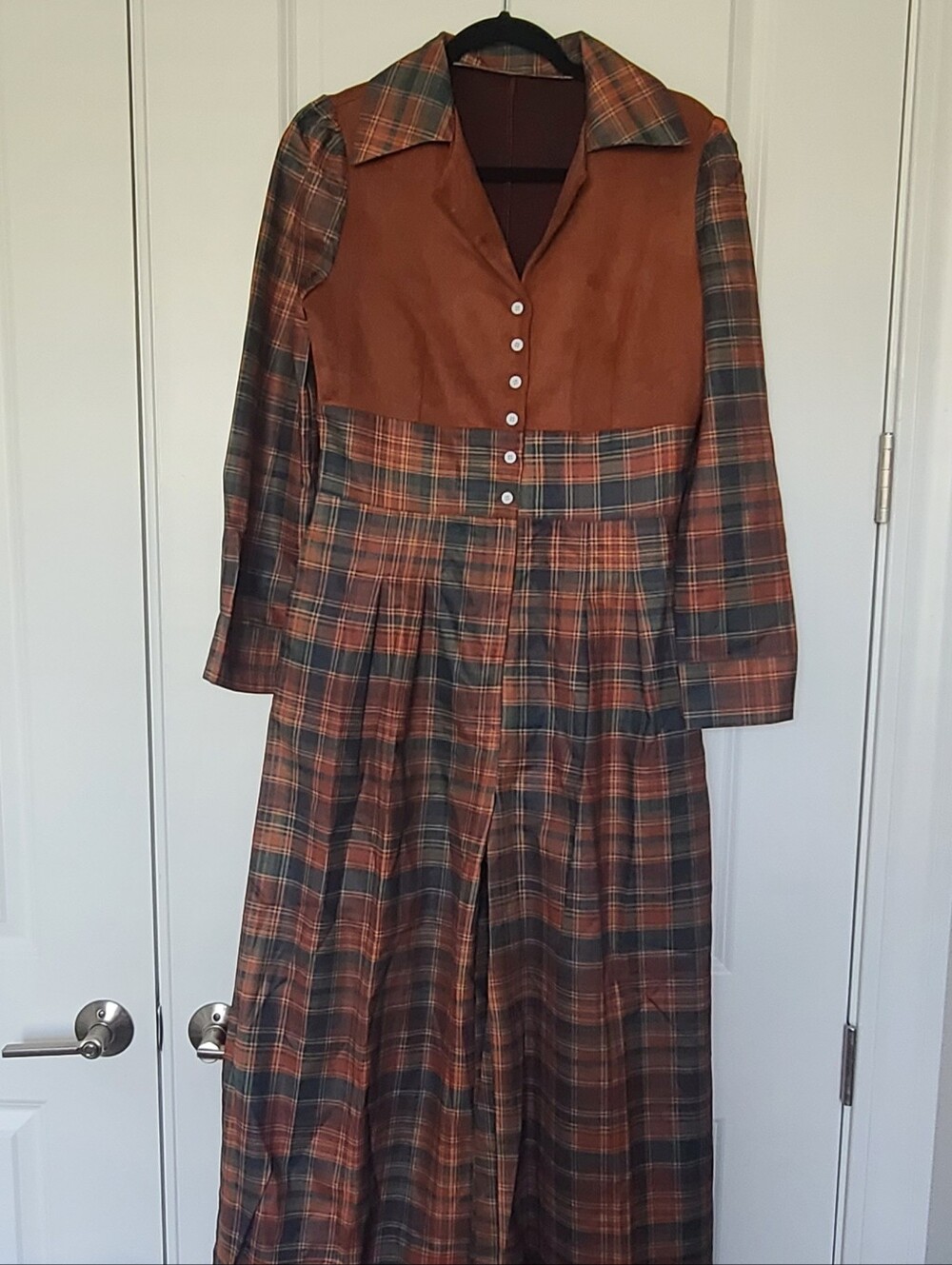 Plaid Long Sleeve Jumpsuit with Suede Bodice - BB 13
